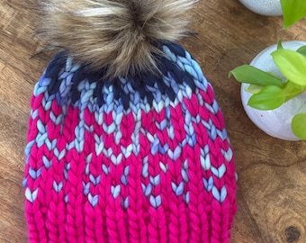 Hand Knit Wool Beanie: Cozy Winter Hat with Faux Fur Pom
