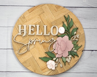 Hello Spring Round Floral Wooden Sign- Scroll Saw 3D Flower Sign- Herringbone Wood Sign- Peony Wood Floral Round Sign- Floral Wall Art