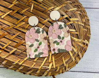 Pink Floral Polymer Clay Earrings- Floral Slab Earrings- Lightweight Dangle Earrings- Hand Sculpted Flowers- Clay Floral Earrings