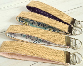 Burlap key fob- Wristlet key fob- Burlap & fabric Wristlet- Key wristlet- Rustic key wristlet- Keychain- Burlap keychain- Farmhouse key fob