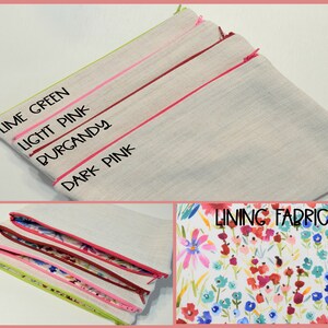 May include: Linen pencil cases with colored zippers in lime green, light pink, burgundy, and dark pink. The text "LIME GREEN", "LIGHT PINK", "BURGANDY", and "DARK PINK" are printed on the cases. The lining fabric has a floral pattern.