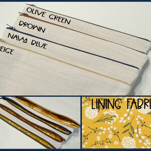 May include: Close-up of four zippered pouches in olive green, brown, navy blue, and beige. The text on the image reads "Olive Green", "Brown", "Navy Blue", and "Beige". The lining fabric is yellow with a white floral pattern.