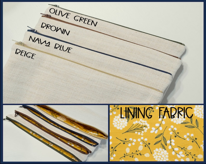 May include: Close-up of four zippered pouches in olive green, brown, navy blue, and beige. The text on the image reads "Olive Green", "Brown", "Navy Blue", and "Beige". The lining fabric is yellow with a white floral pattern.