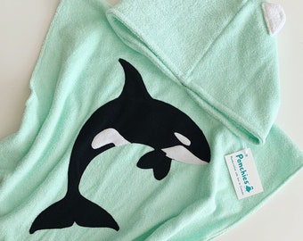 Mint Orca Whale - Hooded Towel Poncho - Baby, Toddler and Kids