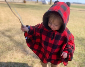 Red and Black Buffalo Check - Fleece Poncho & Car Seat Poncho (All in one) - Baby, Toddler and Kids