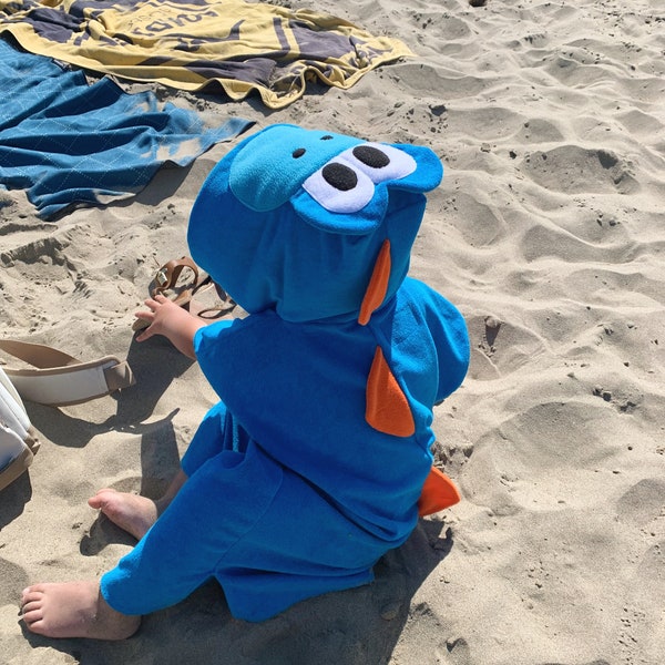 Blue Dino with Orange Spikes - Hooded Towel Poncho - Baby, Toddler and Kids