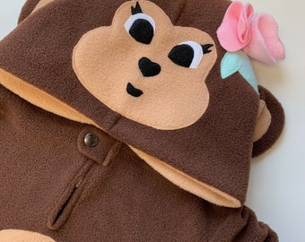 Girly Monkey with Flowers - Fleece Poncho & Car Seat Poncho (All in one) - Baby, Toddler and Kids