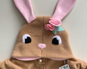 Tan and Soft Pink Bunny with eyes and flowers - Fleece Poncho & Car Seat Poncho (All in one) - Baby, Toddler and Kids