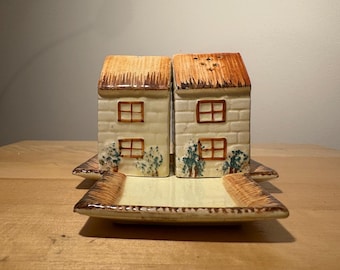 Vintage - 1940s - Keele Street Pottery - Yellow Cottage Salt and Pepper Shakers with Tray - Missing Tooth Pick Holder