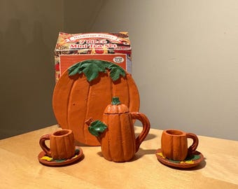 Vintage - 1997 - Hermitage Pottery Miniature Tea Set w/ Box - Autumn - Halloween - Pumpkin