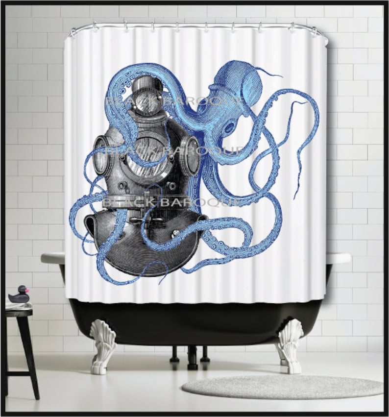 Vintage Diver Helmet Shower Curtain Octopus