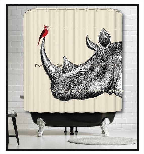 Rhino And Cardinal Shower Curtain Rhinoceros Bird Red