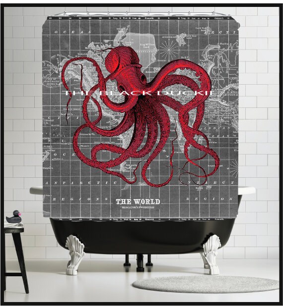 Red Octopus on Grey World Map Shower Curtain nautical | Etsy