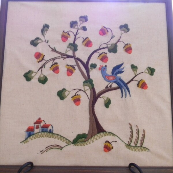 RESERVED for Elizabeth  - Handmade Embrodiered Folk Art Blue Bird and Acorn Tree