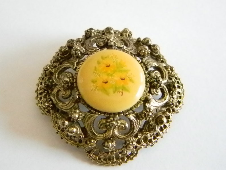Vintage Hand Painted Porcelain Yellow Floral Pin Brooch