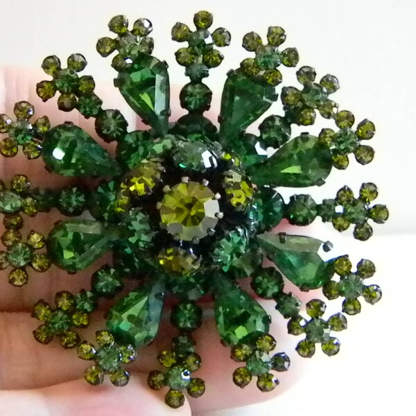 RESERVED For Amy  Vintage Large Round Green Rhinestones Spray Pin Brooch - Made In Austria