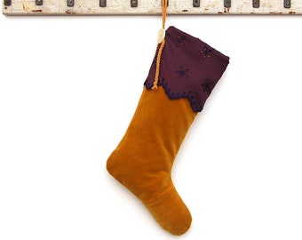 Mustard Velvet, Purple Christmas Stocking | Vintage Gold Fabric |  Funky Decoration | Unusual Untraditional Traditional, Royal. Heirloom