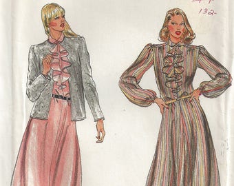 80s Front Ruffle Dress + Loose Jacket | Shoulder Pads, Belted  | Jabot, Long Cuffed Sleeves | Butterick 3516 Size 10 Bust 32 1/2