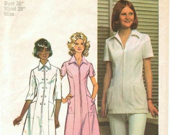 70s Retro Medical Uniform | Front Zipper Dress Top Tunic | Short or 3/4 Sleeves | High Waist Pants | Simplicity 5268 Size 14 Bust 36
