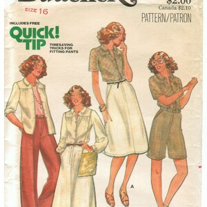 May include: A vintage sewing pattern for a women's blouse and skirt. The pattern is from Butterick and is number 5922. The pattern is for size 16 and includes a free "Quick Tip" for timesaving tricks for fitting pants.