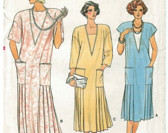 80s Flapper Style Dress | Straight | Skirt Side Pleats, Deep V Neck, Patch Pockets, Shoulder Pads |  Vogue 9211 Size 8 Bust 32.5 uncut