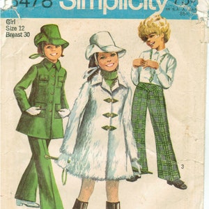 May include: A vintage Simplicity sewing pattern for girls' clothing. The pattern includes three different outfits: a green jacket and pants, a white fur coat, and plaid pants with a white shirt. The pattern number is 5478 and the price is 75 cents.