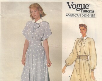 80s Albert Nipon Dolman Sleeve Dress | Collar Bow, Shaped Belt, Tucks | Vogue 1375 American Designer Size 8 Bust 31.5 uncut