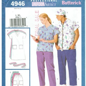 Peut inclure: Un patron de couture pour des blouses d'hôpital, comprenant une variété de hauts et de pantalons dans différentes couleurs. Le patron comprend un haut de blouse imprimé, un haut de blouse uni, une robe de blouse, un pantalon de blouse et une charlotte. Le patron est pour les tailles L et XL. Le patron est de Butterick et est étiqueté "Professional Uniform Basics".