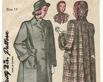 50s Coat & Separate Hood | Cuffed Sleeves, Flared Back, Large Pockets | Simplicity 2135 Size 14 Bust 32