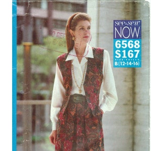 May include: A vintage sewing pattern featuring a three-piece outfit. The ensemble includes a white blouse, a paisley print vest, and a matching skirt. The pattern is labeled "see & sew" and includes the size range B (12-14-16).