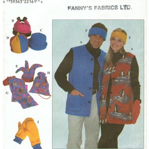 May include: Simplicity sewing pattern with a range of clothing designs. The pattern includes vests, hats, scarves, and mittens. The vests are blue and red, with penguin graphics. The hats are pink, blue, and yellow. The pattern is labeled with the text "8394".