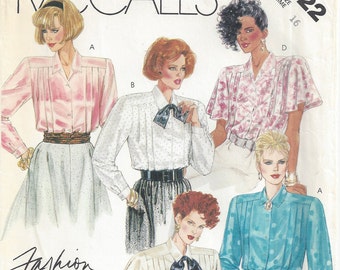 80s Yoke Pleated Blouses | Front Button | Short or  Long Sleeves | Bow Tie Shoulder Pads | McCalls 2722  Size 16 Bust 38