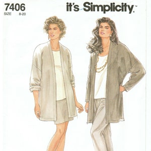 May include: Simplicity sewing pattern 7406, showing illustrations of two women wearing a long cardigan and matching separates. The pattern includes sizes 8-20. The text "It's SO EASY" and "it's Simplicity" are displayed at the top.
