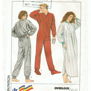 May include: A sewing pattern for a long-sleeved, button-up pajama set. The pattern includes three different styles: a grey jumpsuit, a red jumpsuit, and a striped nightgown. The pattern is from Simplicity and is for size MD. The pattern is labeled "Overlock/Serger" and is suitable for sewing on an overlock or serger machine.