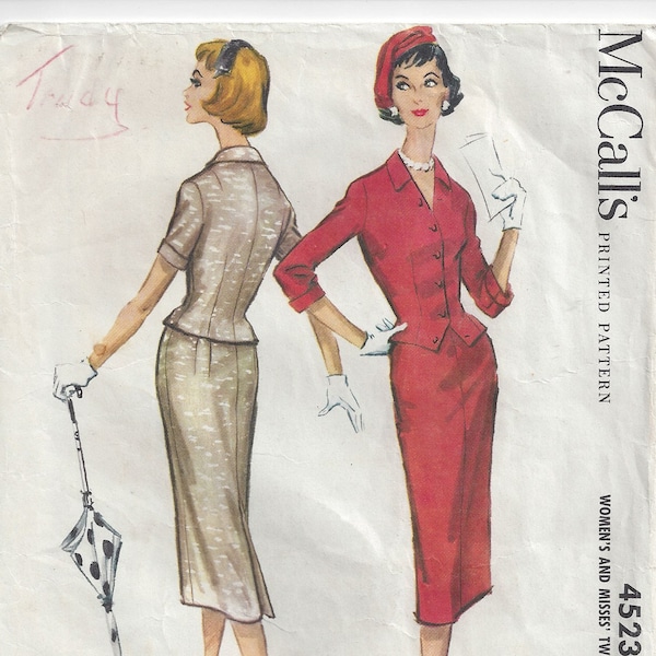 50s Two Piece Wiggle Dress | Short Fitted Jacket or Blouse | Pencil Skirt, Kick Pleat |  McCalls 4523 Size 16 Bust 36 Hip 38