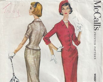 50s Two Piece Wiggle Dress | Short Fitted Jacket or Blouse | Pencil Skirt, Kick Pleat |  McCalls 4523 Size 16 Bust 36 Hip 38