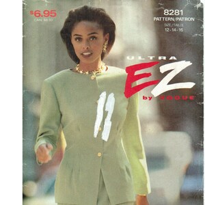 May include: A vintage Vogue sewing pattern showing a woman in a pale green skirt suit. The pattern is labelled "Ultra EZ" and includes sizes 12-14-16. The image has text that reads "£6.95".