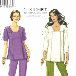 May include: Vogue pattern V8734 for custom fit tops and trousers. The pattern includes two different outfits: a purple short-sleeved top and trousers, and a white long-sleeved top with green trousers. The pattern is for sizes Lrg-Xlg-XXl.