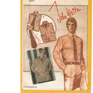 May include: A vintage Simplicity sewing pattern, number 9792, for men's shirts. The pattern includes shirt designs, with a size 40, 39.5 cm neck, and 102 cm chest. The design is signed by John Weitz.