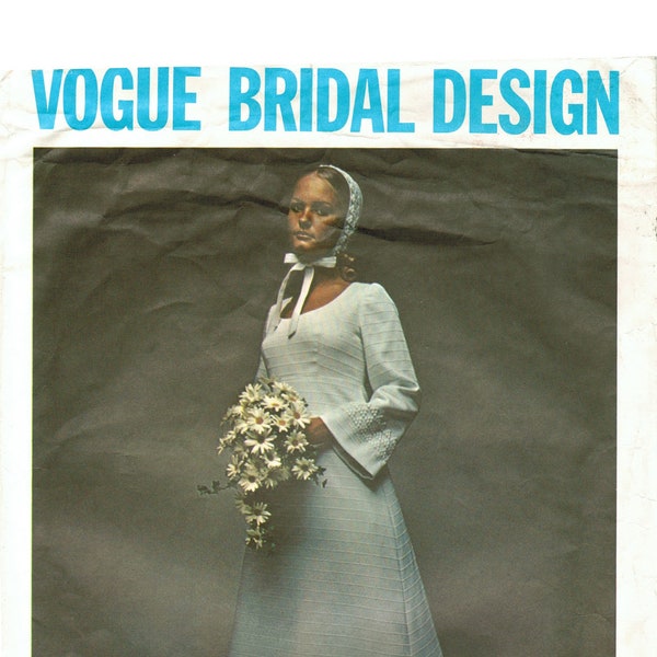 70s Empire Waist A Line Wedding Dress | Minimalist Gown: Long Bell Sleeves, High Neck, Fur Trim | Vogue Bridal Design 2253 Size 12 Bust 34