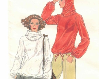 70s Cowl Neck Hooded Top | Pullover, Drawstring | Vogue 9878 Size 16 Bust 38