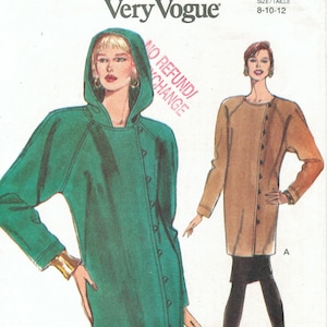90s Hooded Dress + Tunic + Tapered Skirt | Asymmetrical Button Opening,  Shoulder Pads | Vogue 7909 Size 8 10 12 Bust 31 32.5 34 uncut