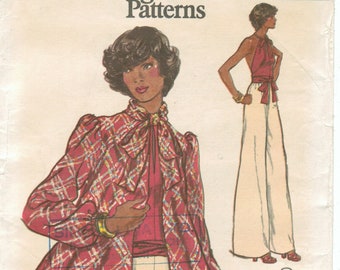 70s Halter Top + Wide Leg Pants + Flared Jacket | Bishop Sleeves, Pussy Bow  | Easy Vogue 8717 Size 14 Bust 36 Hip 38