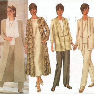 May include: A sewing pattern featuring three different women's outfits. The outfits include a long coat, a patterned coat, a striped blazer, and a solid blazer, all paired with pants. The outfits are in neutral colors.