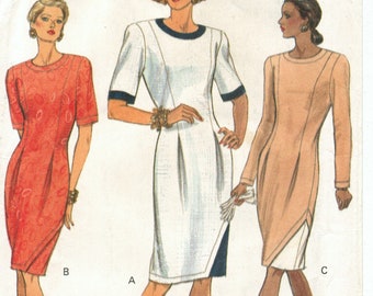 90s Fitted Straight Dress | Waist Pleats, Hem Insets, Above Elbow or Long Sleeves | Easy Vogue 8076 Size 14 16 18 Bust 36 38 40 uncut