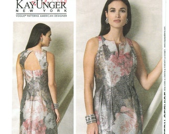 May include: A sewing pattern for a sleeveless dress with a V-neckline and a floral print. The pattern is for sizes 6-8-10-12-14. The pattern is from Vogue Patterns and is designed by Kay Unger New York.