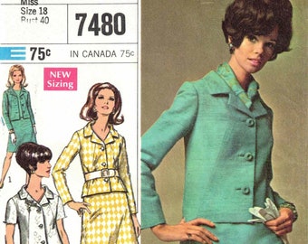 60s Mod Skirt Suit | A line, Notched Collar, Short or Long Sleeves | Simplicity 7480 Size 18 Bust 40 Hip 42 uncut