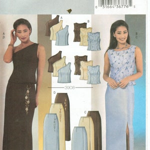 Peut inclure: Un patron de couture Butterick présentant des modèles de hauts et de jupes pour femmes. Le patron comprend un haut à une épaule et une jupe avec broderie florale. L'image montre également un haut sans manches et une jupe fendue.