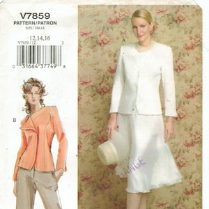 May include: A sewing pattern for a jacket and skirt. The pattern is for sizes 12, 14, and 16. The pattern number is V7859.