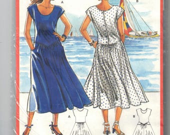 80s Dropped Waist Dress | Circle Skirt, Back Button |  Burda 5794 Size 10 12 14 16 18  uncut